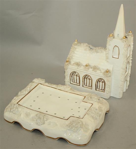 A rare Staffordshire porcelain church pastille burner and cover, c.1835, 23cm